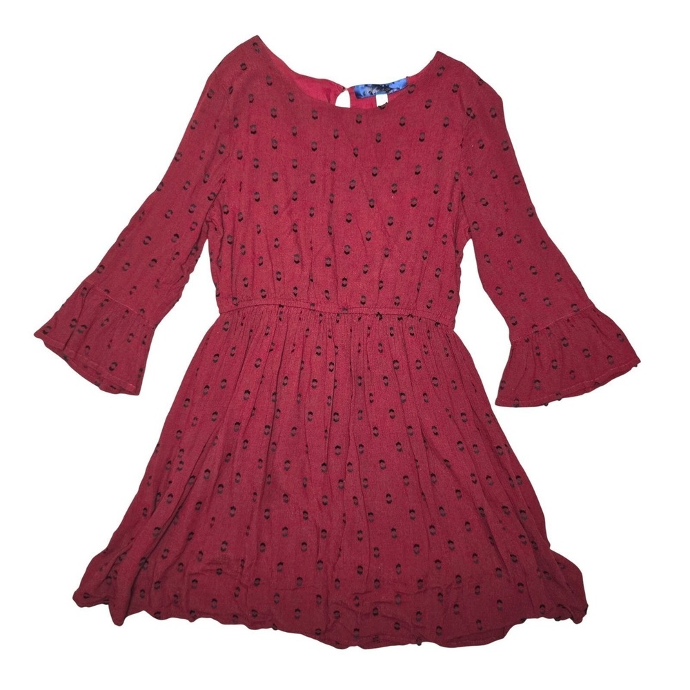 Blue Rain Burgundy Boho Peasant Mini Dress Smocked Waist Flared Sleeve Small